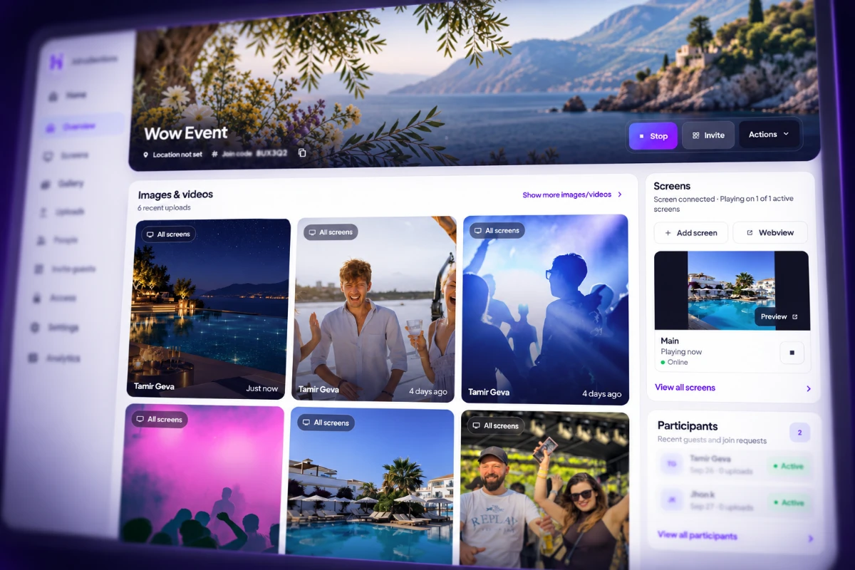 Happic event overview with a focused photo gallery and connected screen preview, framed by softly blurred navigation