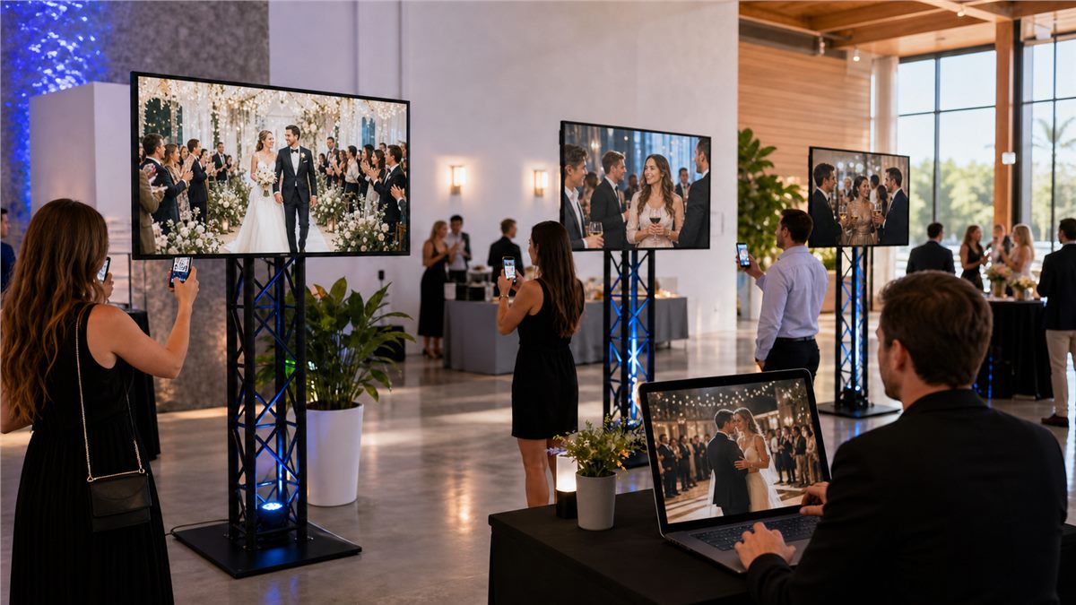 Event guests sharing photos while approved moments appear on venue screens
