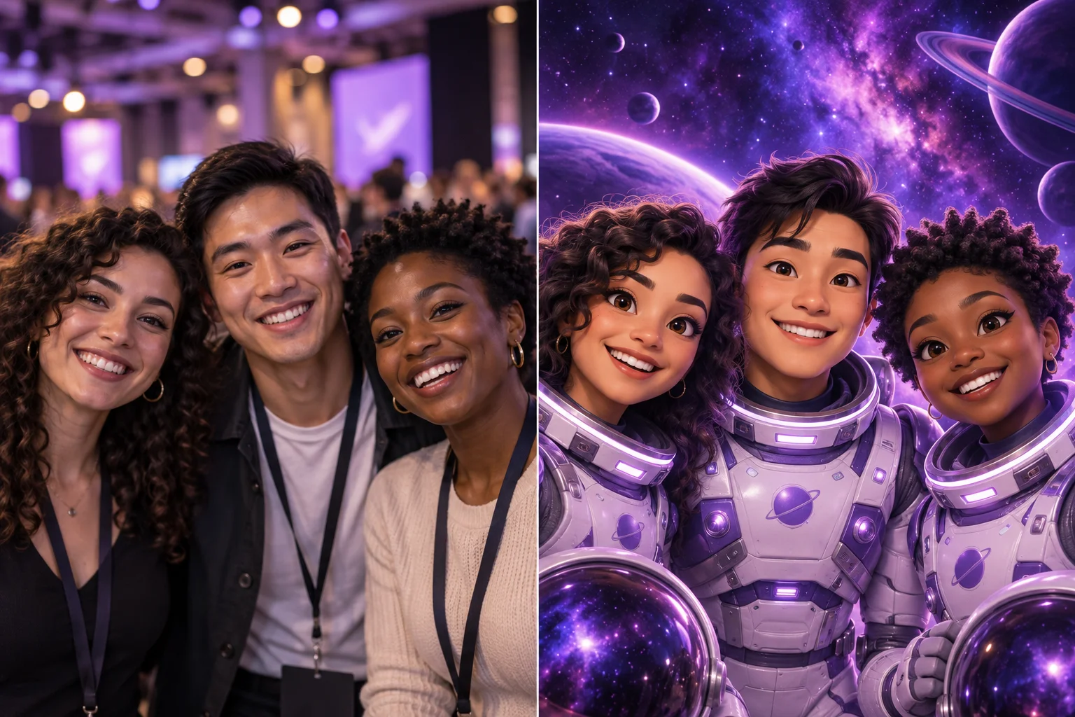 Illustrative guest photos transformed into a space-themed collection