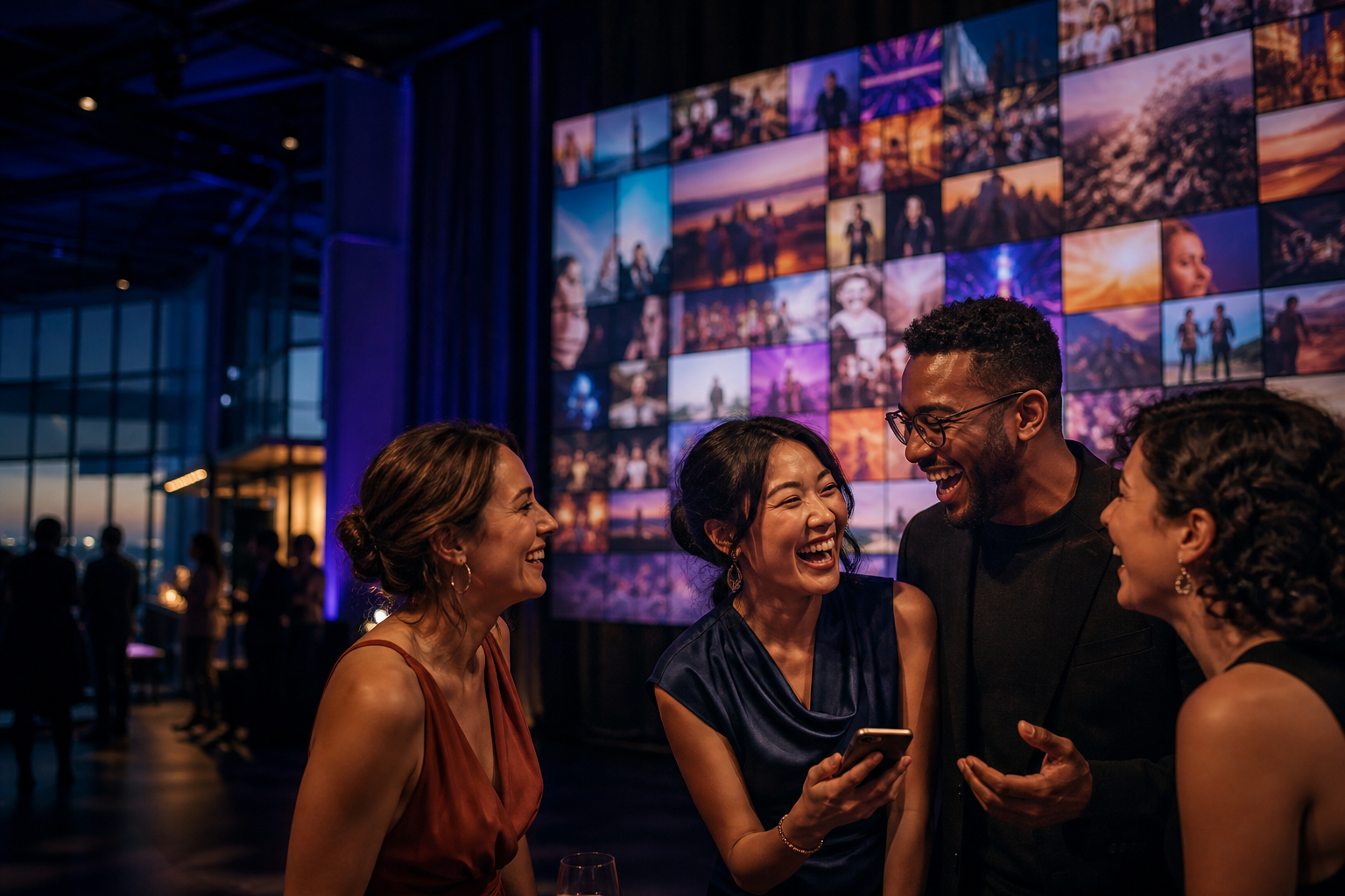 Friends enjoying an event beside a live wall of shared memories
