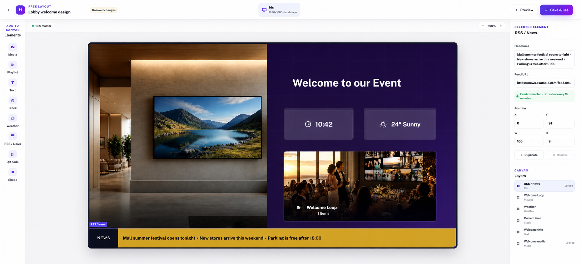 Happic visual layout editor building a screen with media, weather, time, playlist, and news widgets