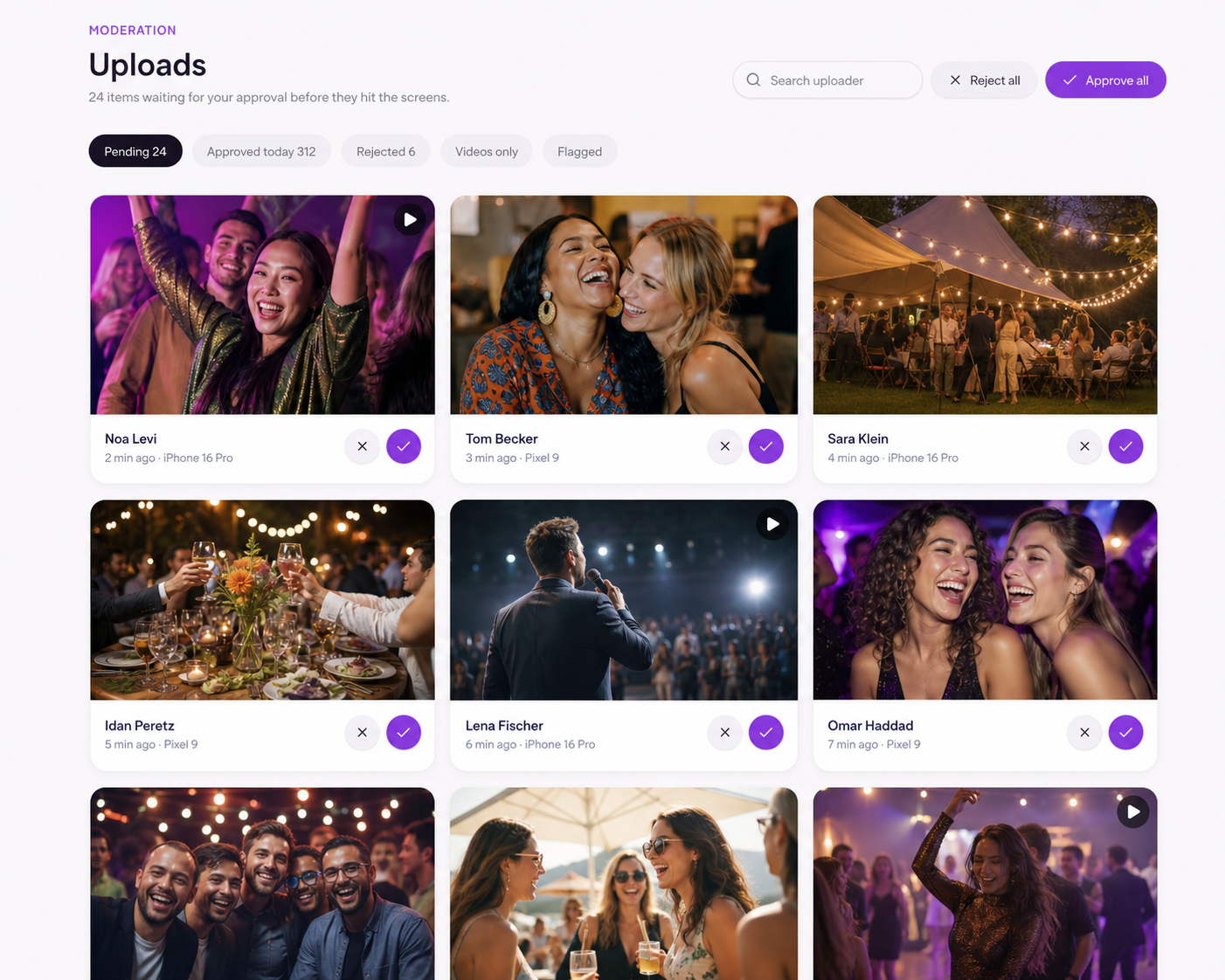 Happic moderation dashboard showing event uploads ready for approval